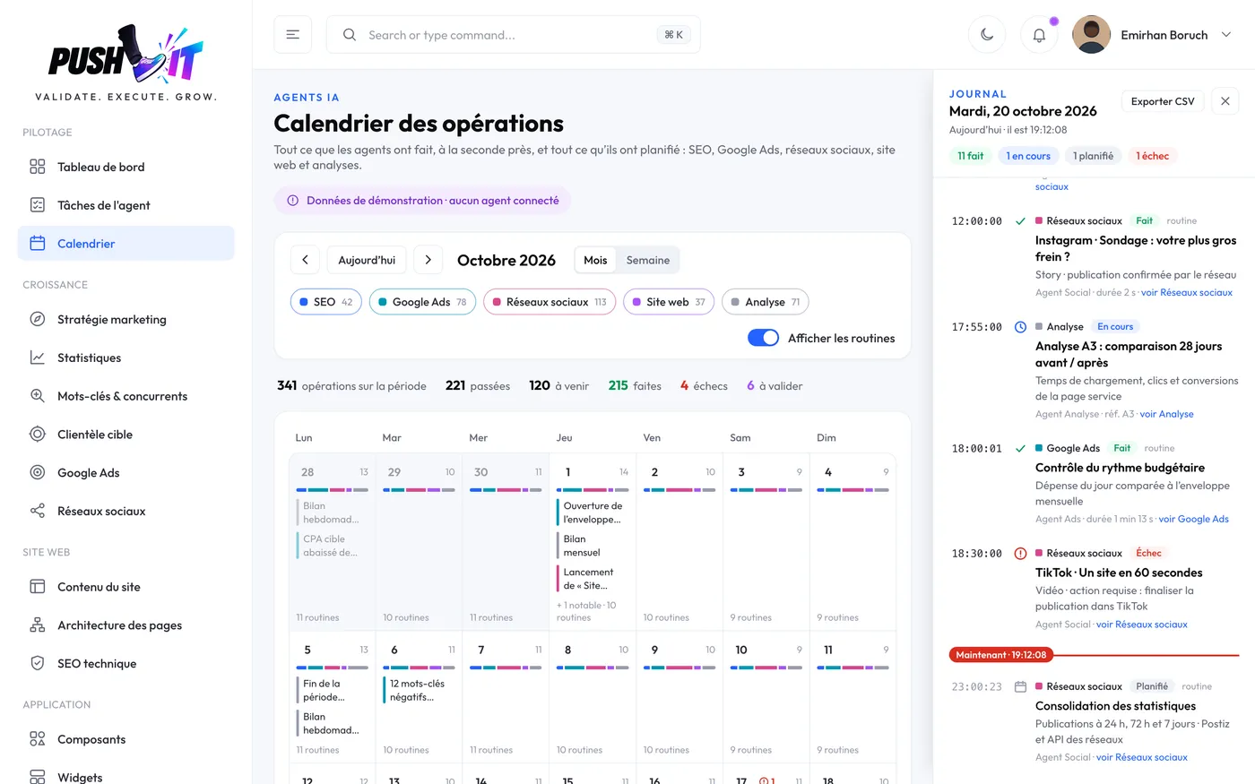 Schermata Calendario delle operazioni dell'app PUSHLIT: il piano di comunicazione del mese, con pubblicazioni, campagne, aggiornamenti del sito e posizionamento