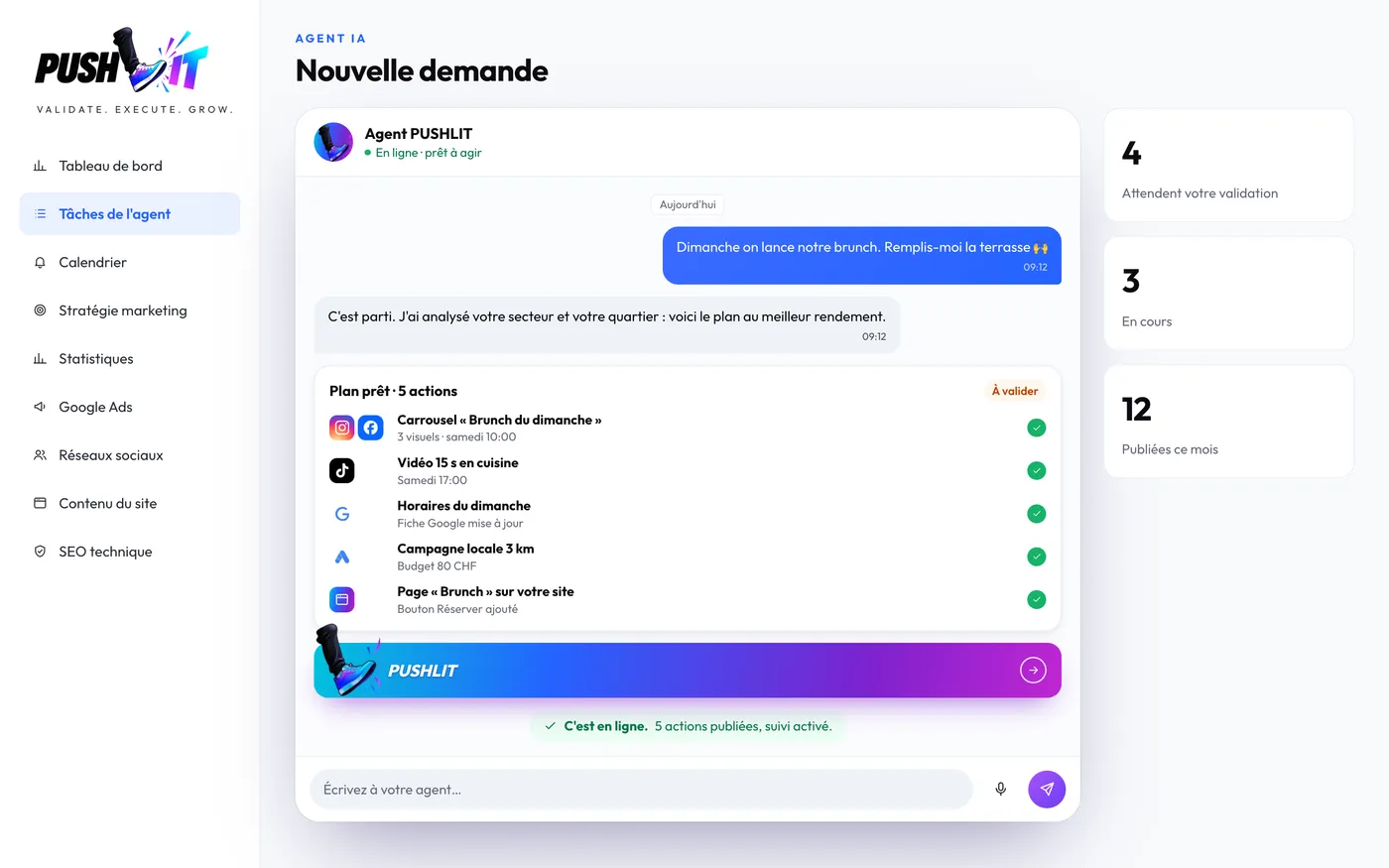 Bildschirm Neue Anfrage der PUSHLIT-App mit dem Chat des Agenten