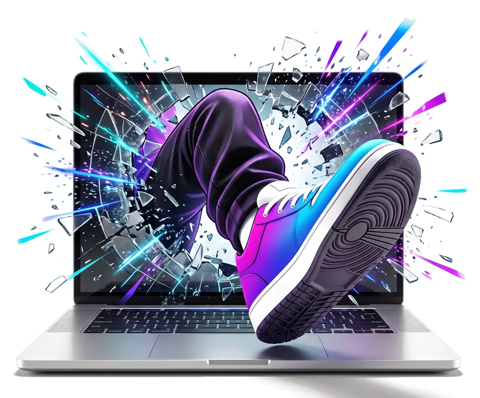 Ein PUSHLIT-Schuh im blau-violetten Farbverlauf durchbricht mit der Sohle voran den Bildschirm eines Laptops, in einer Explosion leuchtender Splitter