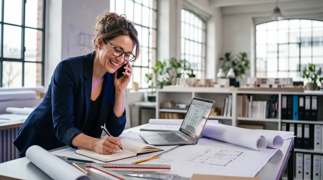 Architetta al telefono con un nuovo cliente, mentre annota un appuntamento al tavolo di lavoro