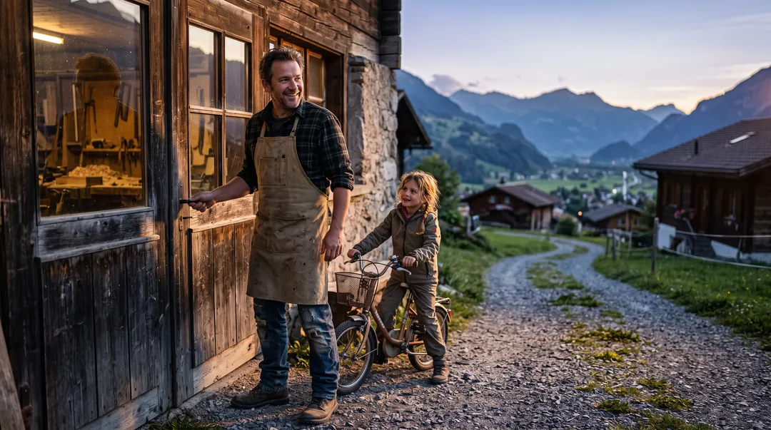 Artigiano che chiude il suo laboratorio a fine giornata mentre la figlia lo aspetta in bicicletta