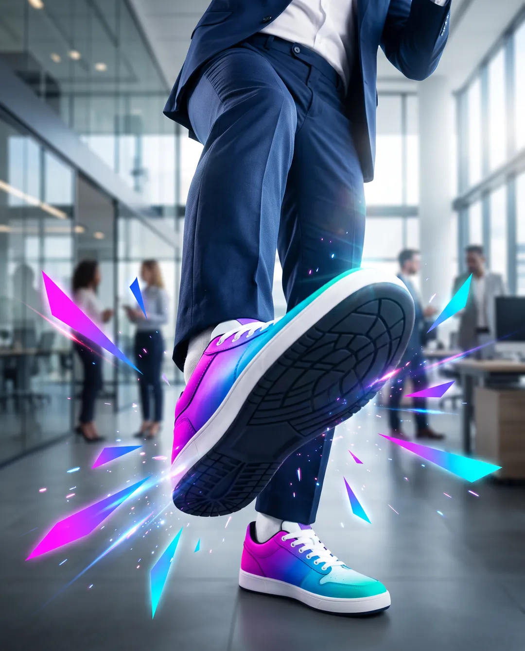 In einem modernen Büro kickt eine Person im Anzug mit dem PUSHLIT-Sneaker im Farbverlauf in Richtung Kamera