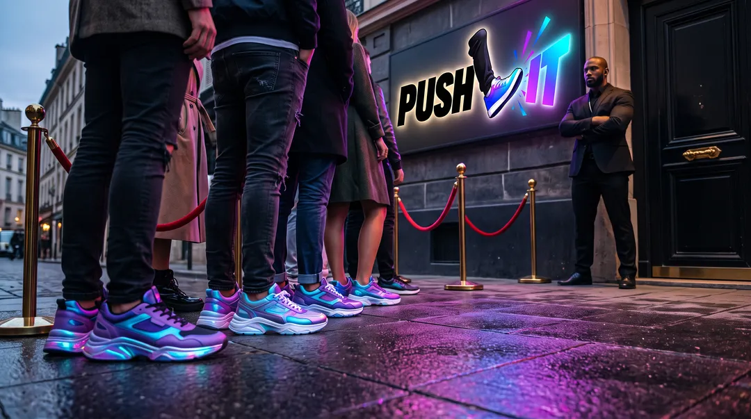 File d'attente en baskets dégradées devant la porte d'un club, gardée par un videur, sous l'enseigne lumineuse PUSHLIT