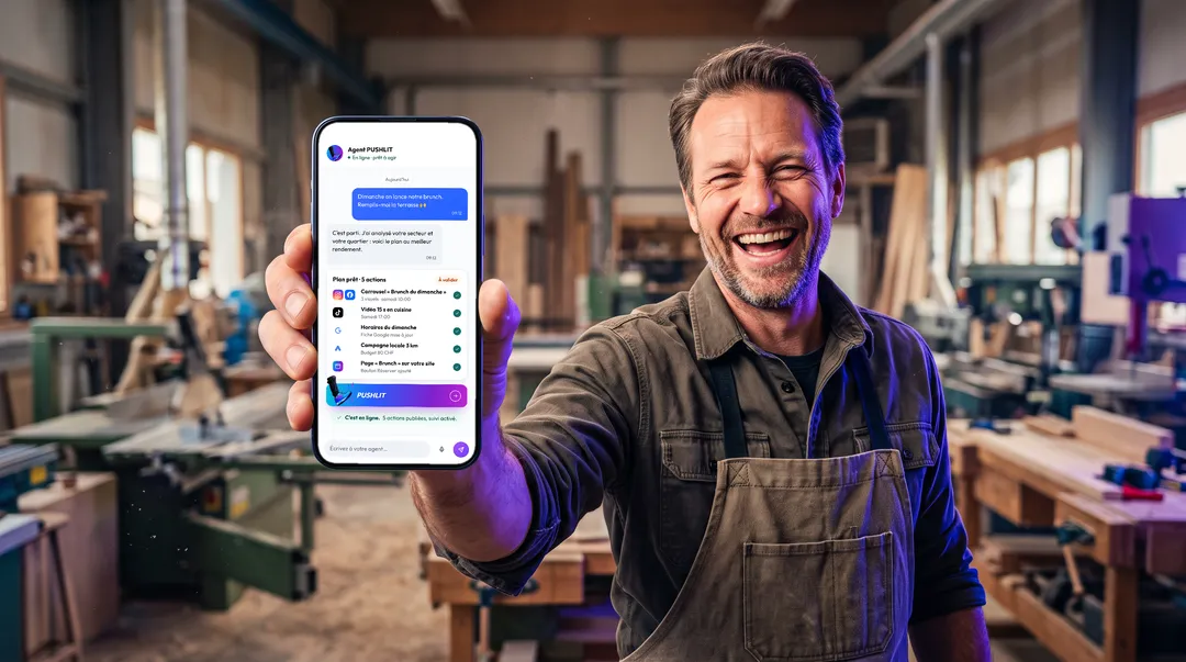 Handwerker in seiner Werkstatt zeigt die PUSHLIT-App auf seinem Smartphone, mit einem veröffentlichungsbereiten Aktionsplan