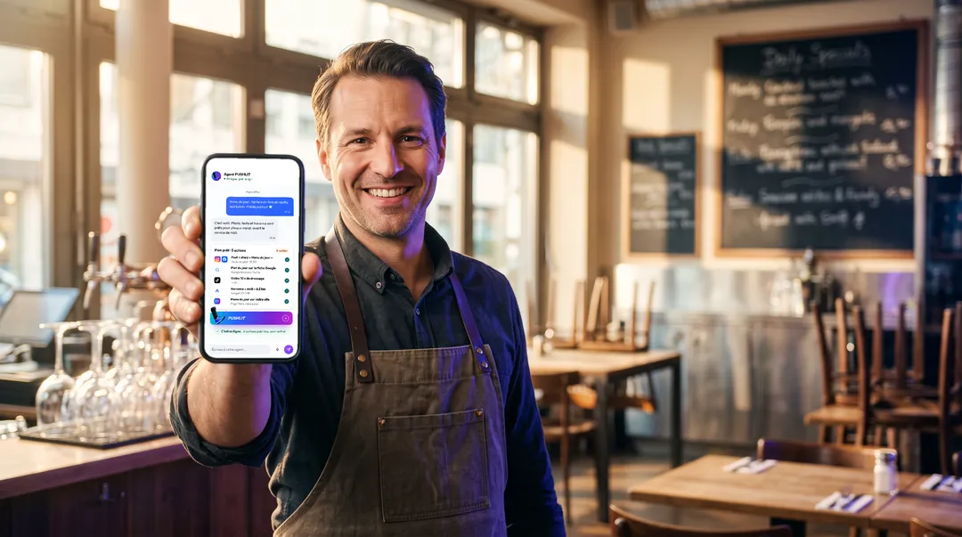 Titolare di un ristorante al mattino nella sua sala, mentre mostra sul telefono la chat PUSHLIT che prepara la pubblicazione del menu del giorno