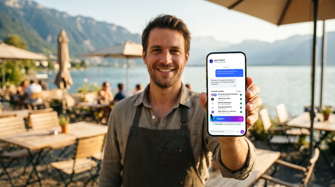 Restaurateur sur sa terrasse au bord du lac montrant l'app PUSHLIT sur son téléphone