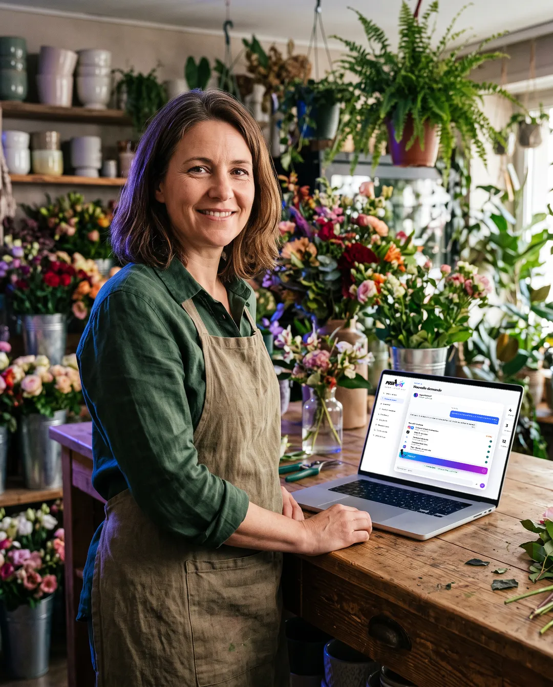Floristin in ihrem Laden, die PUSHLIT-App auf dem Laptop geöffnet, der auf der Theke steht
