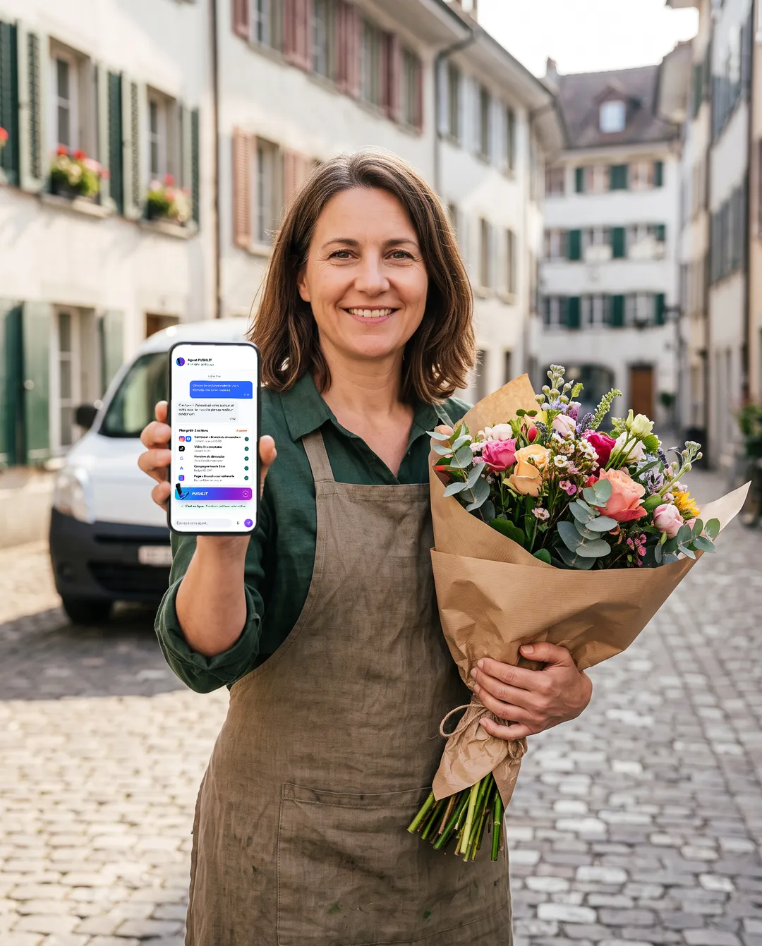 Dieselbe Floristin unterwegs bei einer Lieferung, einen Blumenstrauss in der Hand, zeigt den Chat des PUSHLIT-Agenten auf ihrem Smartphone