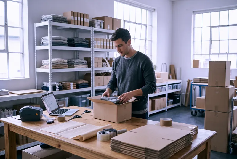 Entrepreneur préparant des colis dans son atelier de vente en ligne