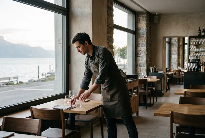Restaurateur dressant une table face au lac avant le service
