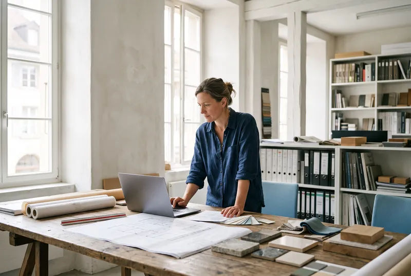 Gérante d'un atelier d'architecture consultant son ordinateur à sa table de travail